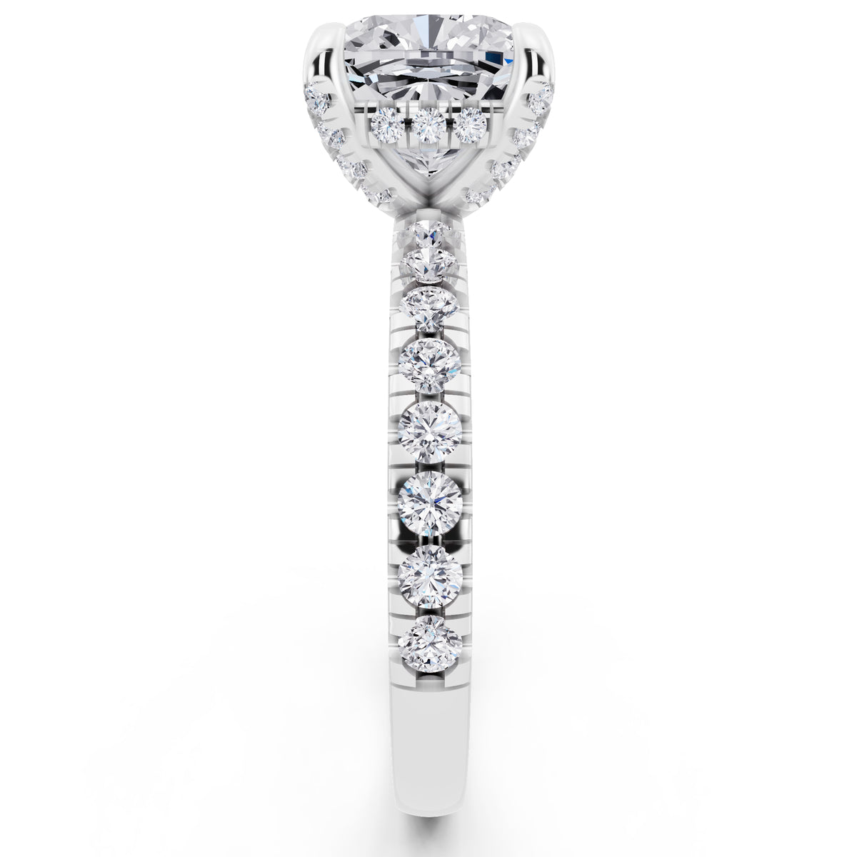 Platinum Cushion Cut Diamond Hidden Halo Ring with Pave Shank - side view