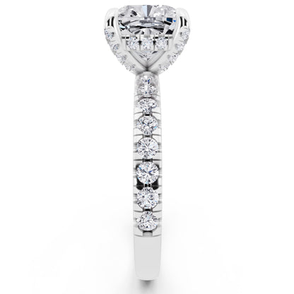 Platinum Cushion Cut Diamond Hidden Halo Ring with Pave Shank - side view