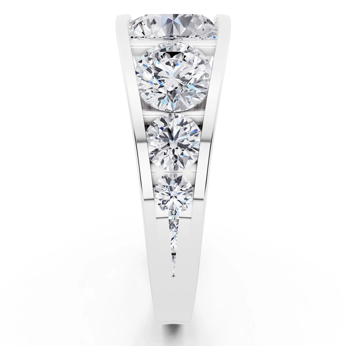 18 KT White Gold Round Cut Diamond Ring with Graduated Side Stones - Side view