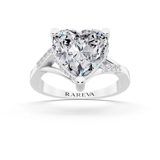 18 KT White Gold Heart Cut Diamond Split Shank Engagement Ring with Hidden Halo - front view