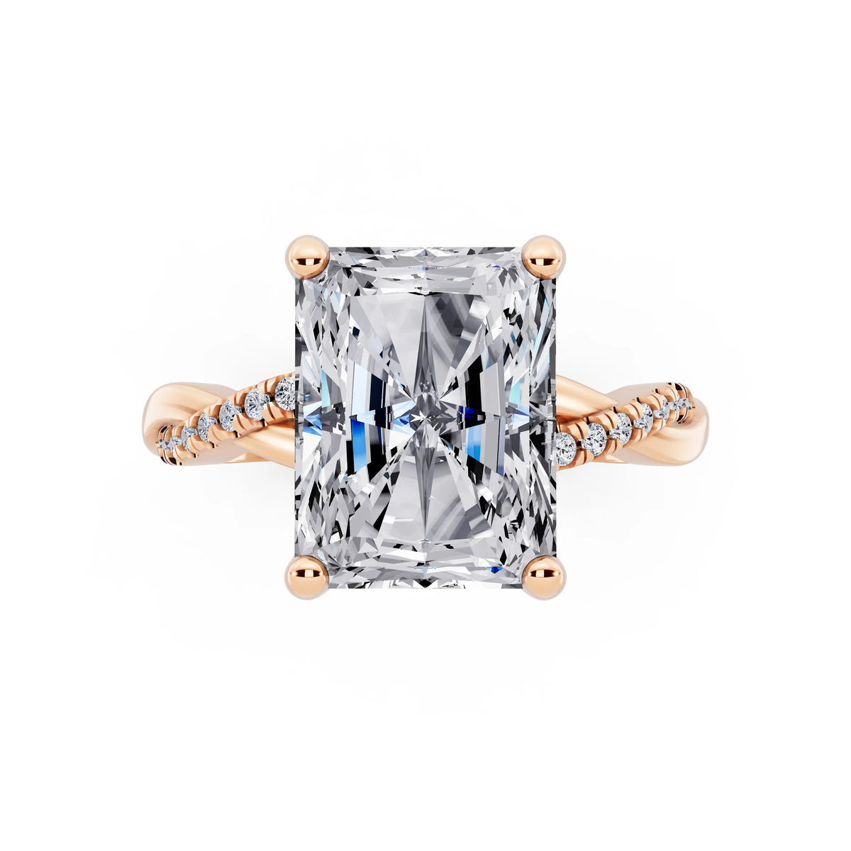 18 KT Rose Gold Radiant Cut Diamond Hidden Halo Ring with Twisted Pave Band - top angle
