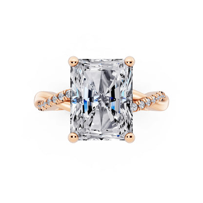 18 KT Rose Gold Radiant Cut Diamond Hidden Halo Ring with Twisted Pave Band - top angle