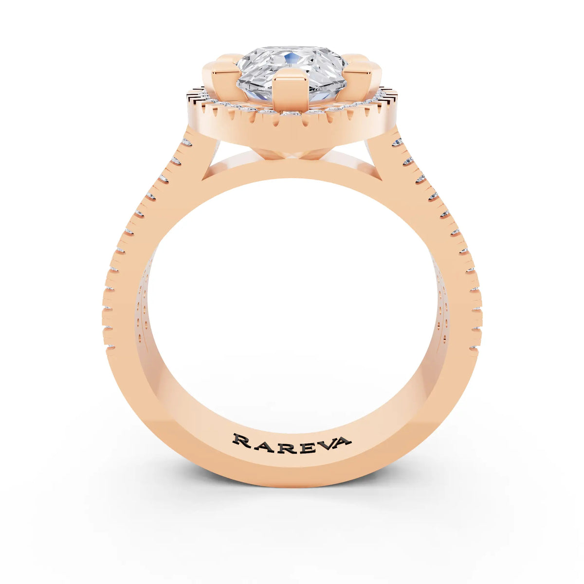 14 KT Rose Gold Pear Cut Diamond Halo Ring with Twin Pave Band - through finger