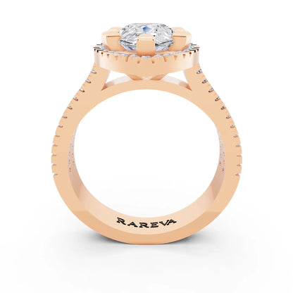 14 KT Rose Gold Pear Cut Diamond Halo Ring with Twin Pave Band - through finger