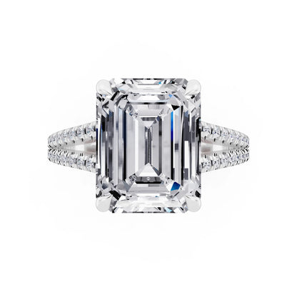 14 KT White Gold Emerald Cut Diamond Ring with Pavé Split Shank - top angle