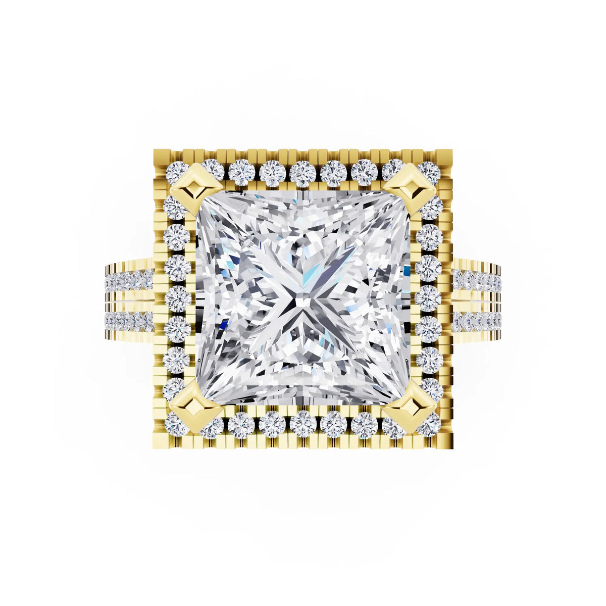 18 KT Yellow Gold Princess Cut Diamond Halo Ring with Twin Pave Band - top angle