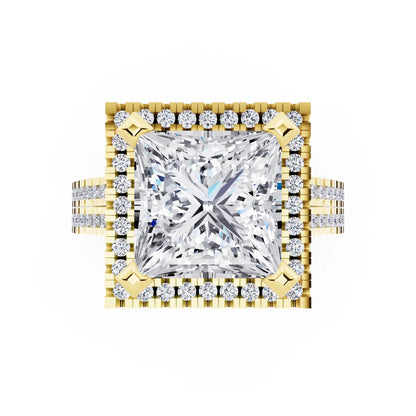 18 KT Yellow Gold Princess Cut Diamond Halo Ring with Twin Pave Band - top angle