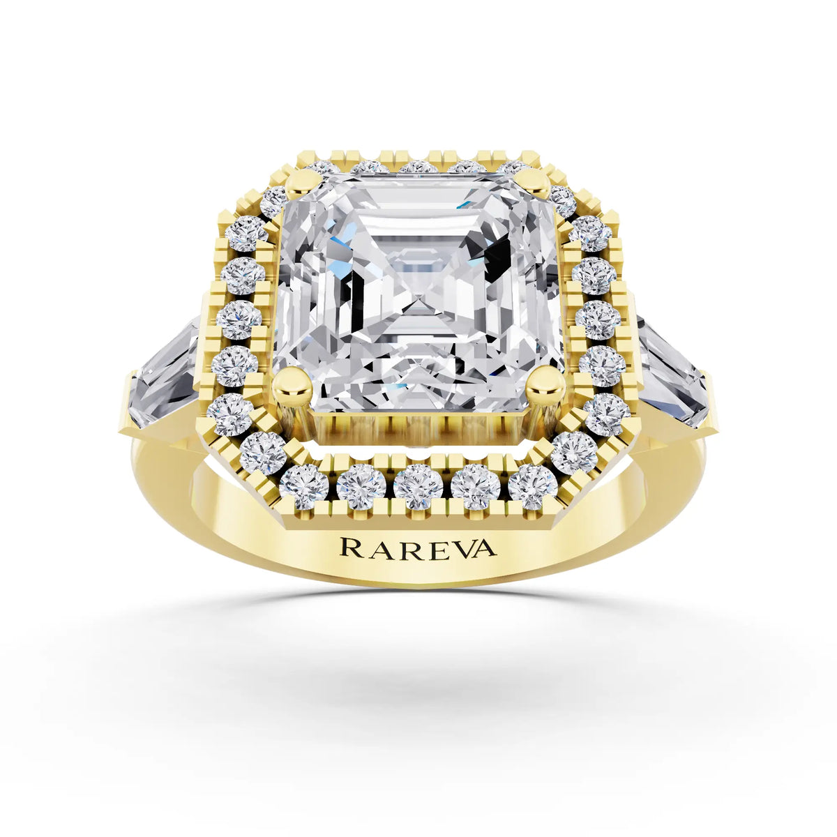 14 KT Yellow Gold Asscher Cut Diamond Halo Ring with Baguette Accents - front view