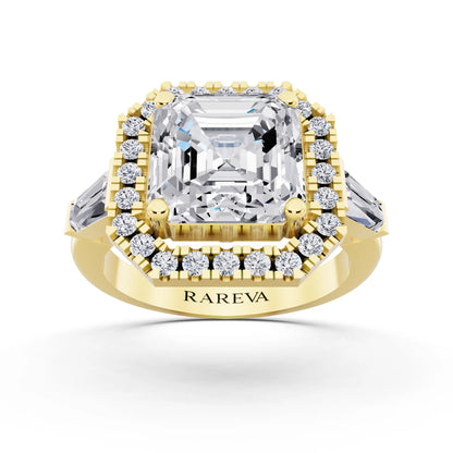 14 KT Yellow Gold Asscher Cut Diamond Halo Ring with Baguette Accents - front view