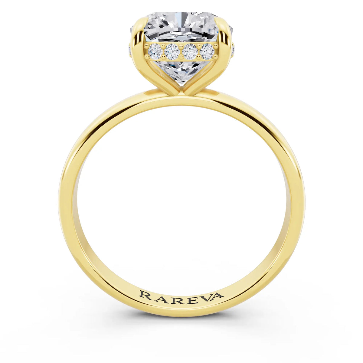 18 KT Yellow Gold Cushion Cut Diamond Hidden Halo Solitaire Ring - through finger