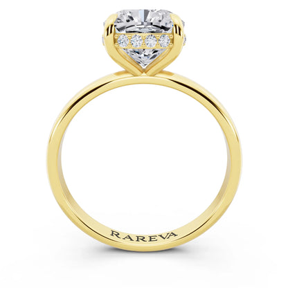 18 KT Yellow Gold Cushion Cut Diamond Hidden Halo Solitaire Ring - through finger