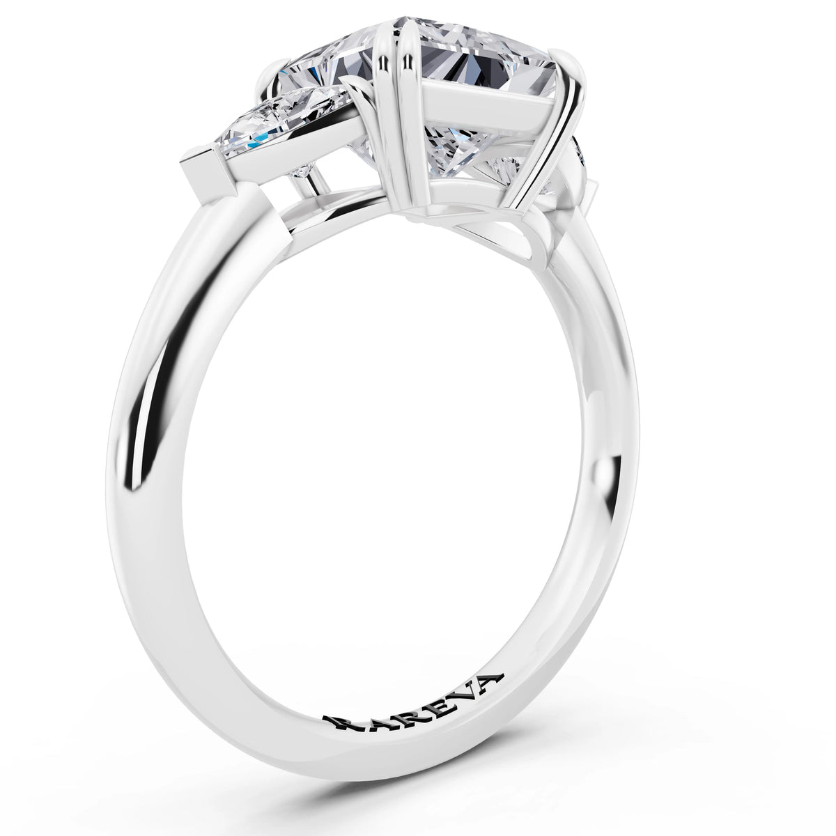 18 KT White Gold Princess Cut Diamond Three Stone Ring with Trillion Accents - top view