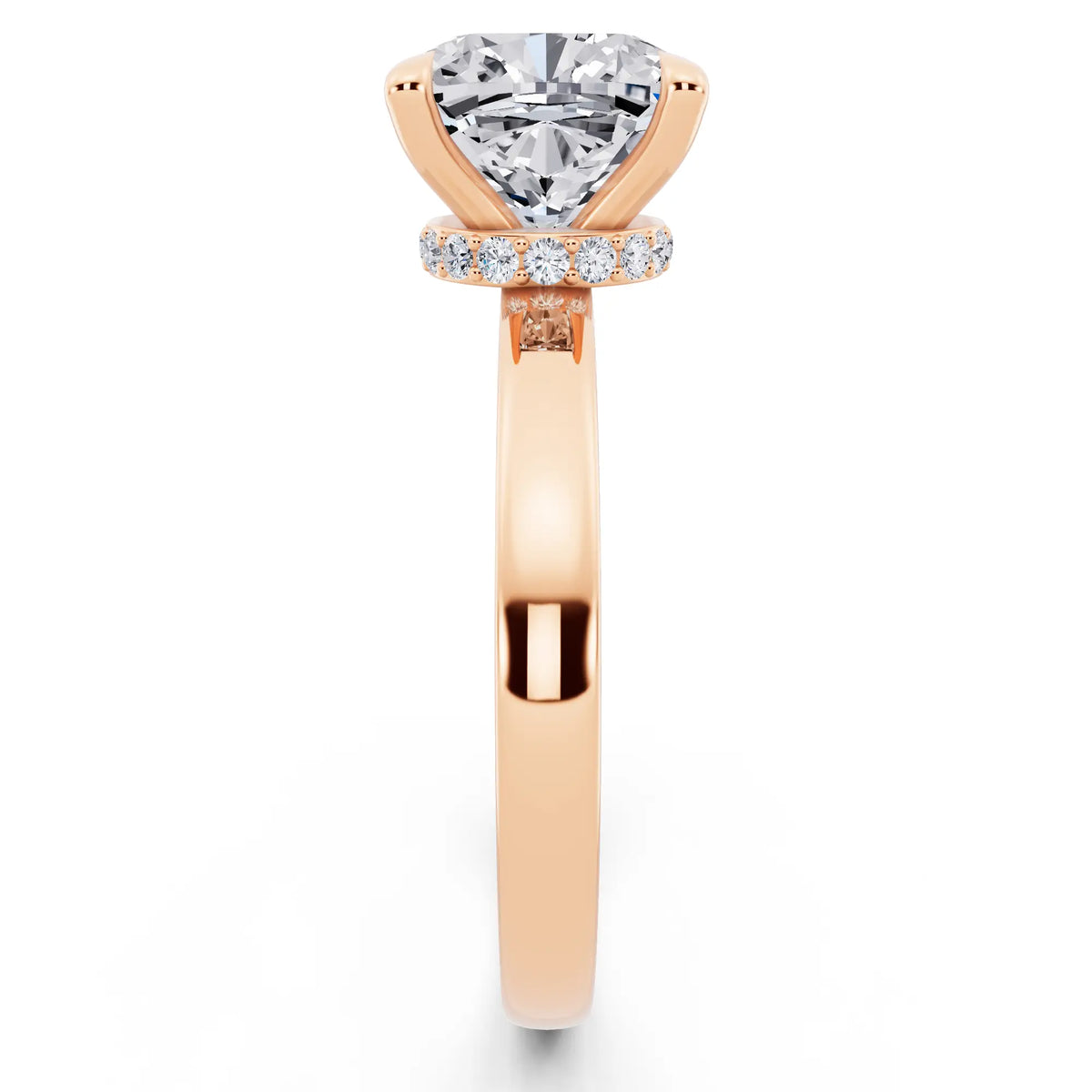 14 KT Rose Gold Cushion Cut Diamond Solitaire Ring with Pave Collar - side view