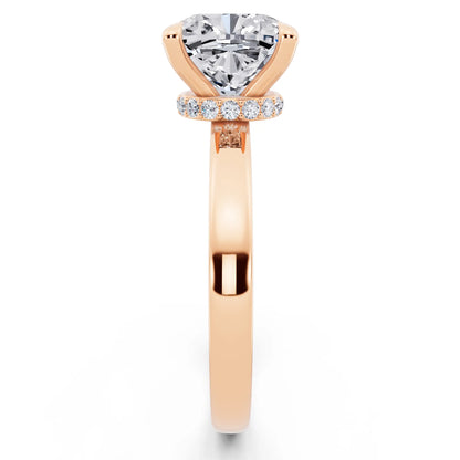 14 KT Rose Gold Cushion Cut Diamond Solitaire Ring with Pave Collar - side view