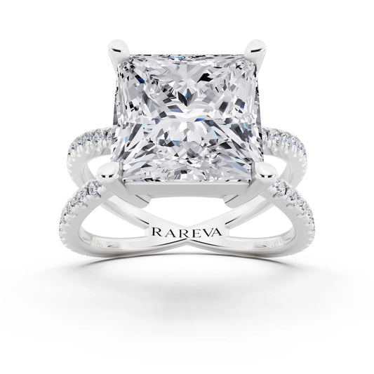 14 KT White Gold Princess Cut Diamond Ring with Twisted Split Shank - front view