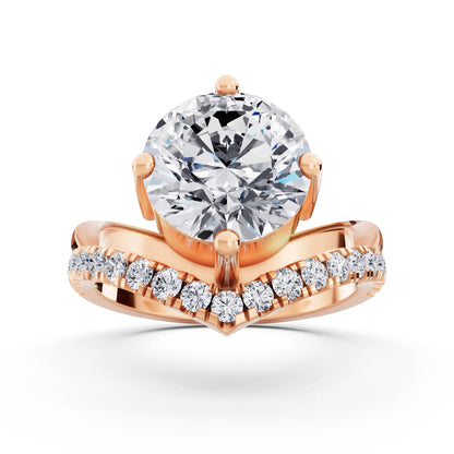 14 KT Rose Gold Round Cut Diamond Solitaire Ring with Pave V Band - Front