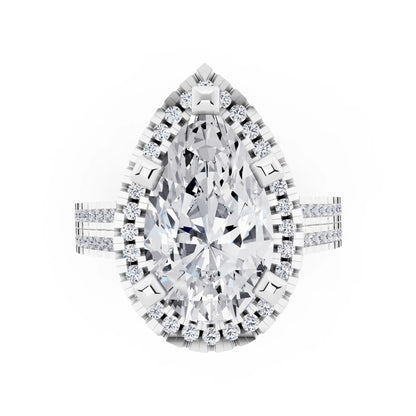 18 KT White Gold Pear Cut Diamond Halo Ring with Twin Pave Band - top angle