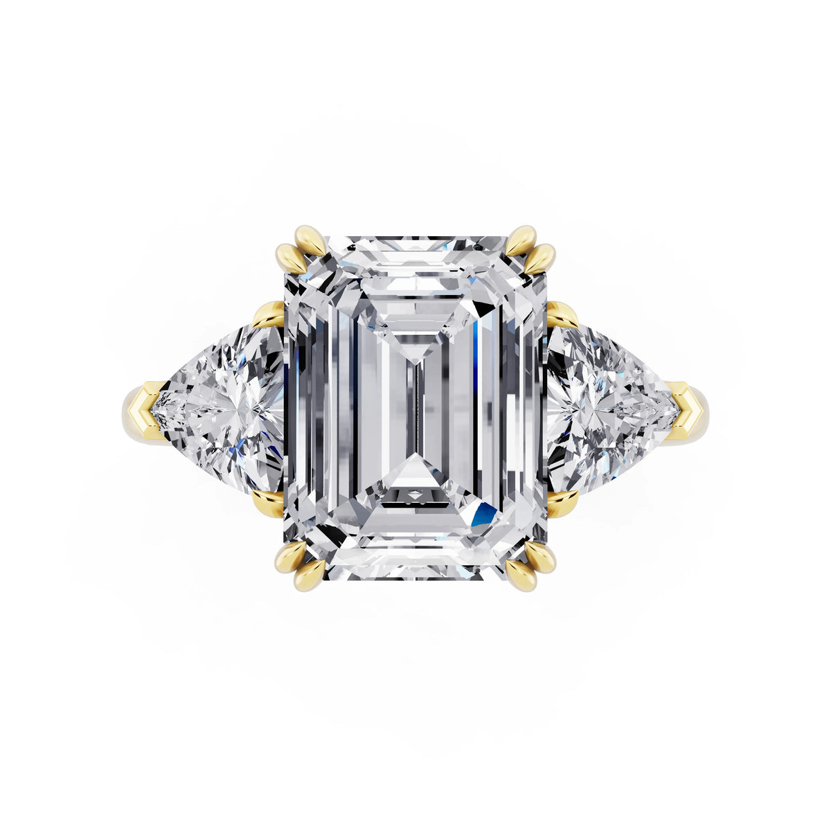 14 KT Yellow Gold Emerald Cut Diamond Three Stone Ring with Trillion Accents - top angle