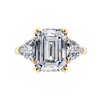 14 KT Yellow Gold Emerald Cut Diamond Three Stone Ring with Trillion Accents - top angle