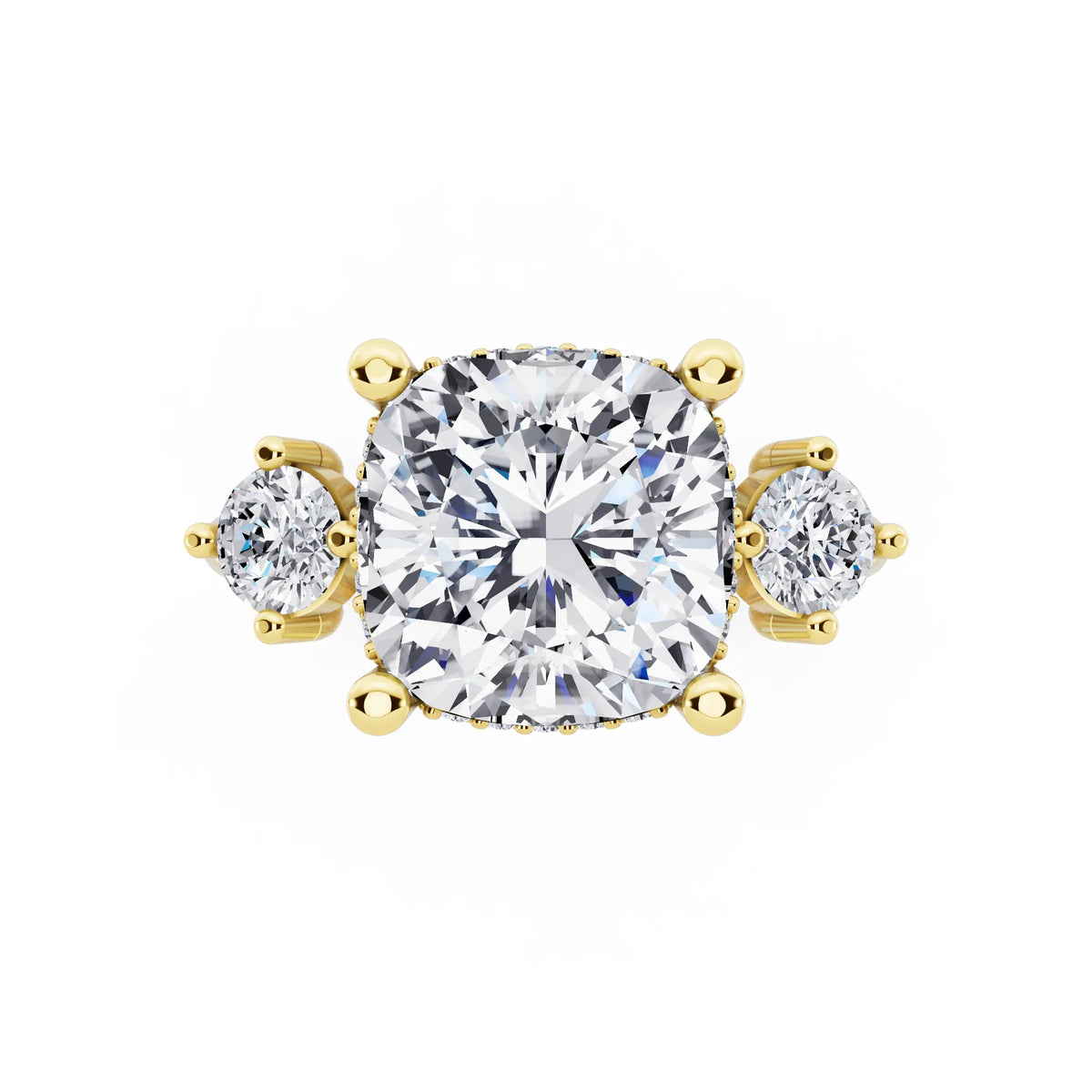 14 KT Yellow Gold Cushion Cut Diamond Three Stone Engagement Ring with Hidden Halo - top angle