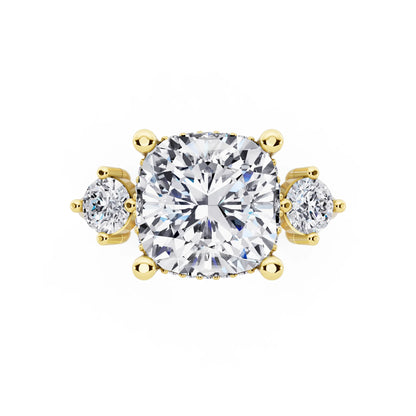 14 KT Yellow Gold Cushion Cut Diamond Three Stone Engagement Ring with Hidden Halo - top angle