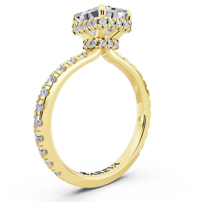 18 KT Yellow Gold Emerald Cut Diamond Hidden Halo Ring with Pave Band - top view