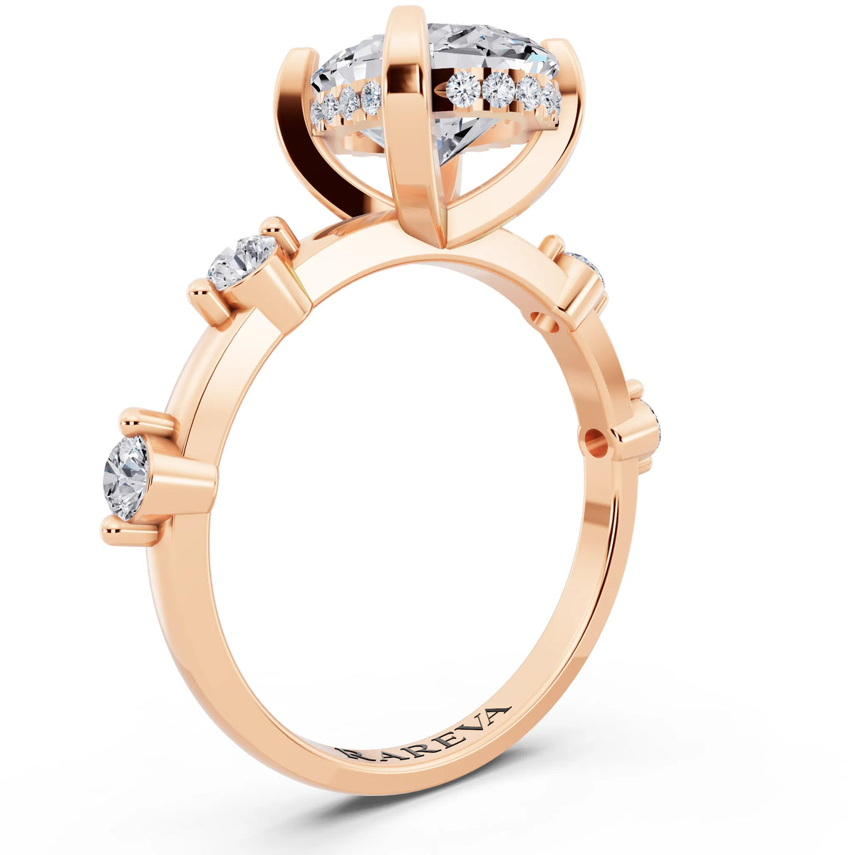 18 KT Rose Gold Oval Cut Diamond Solitaire Ring with Floating Diamond Accents - top view
