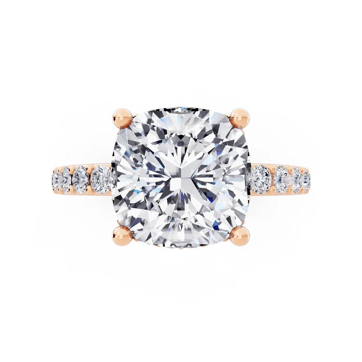 14 KT Rose Gold Cushion Cut Diamond Solitaire Ring with Hidden Halo and Pave Band - top angle