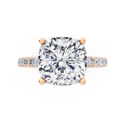 14 KT Rose Gold Cushion Cut Diamond Solitaire Ring with Hidden Halo and Pave Band - top angle