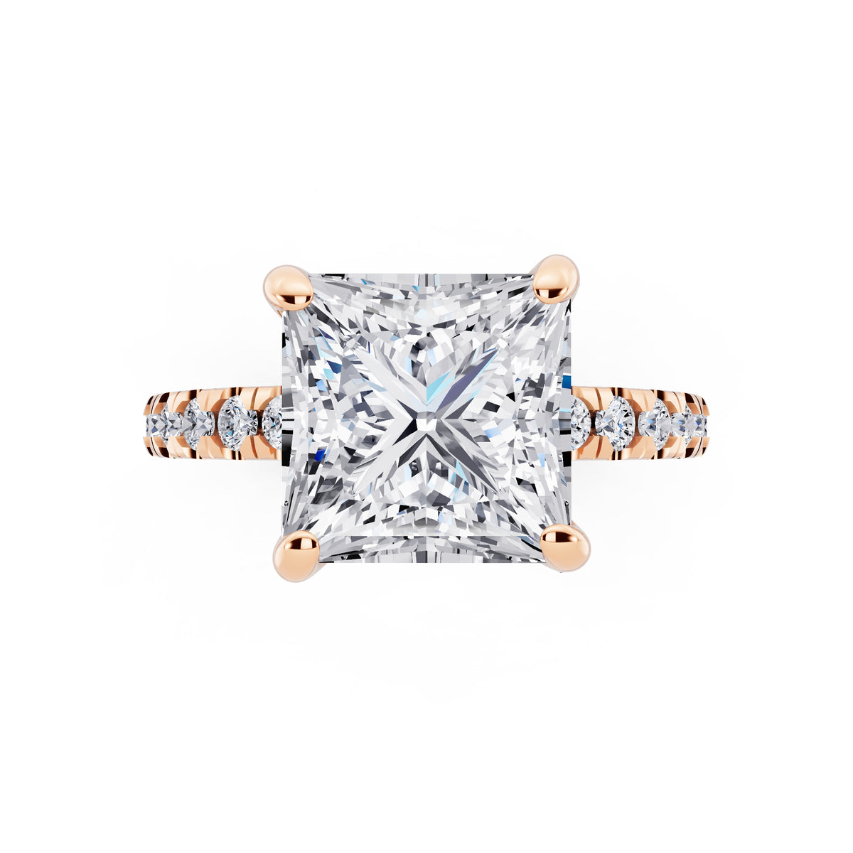 18 KT Rose Gold Princess Cut Diamond Hidden Halo Ring with Pave Shank - top angle