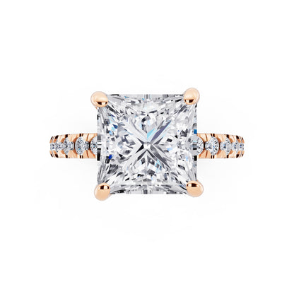 18 KT Rose Gold Princess Cut Diamond Hidden Halo Ring with Pave Shank - top angle