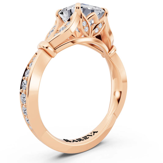 14 KT Rose Gold Asscher Cut Diamond Ring with Lotus Collar - top view