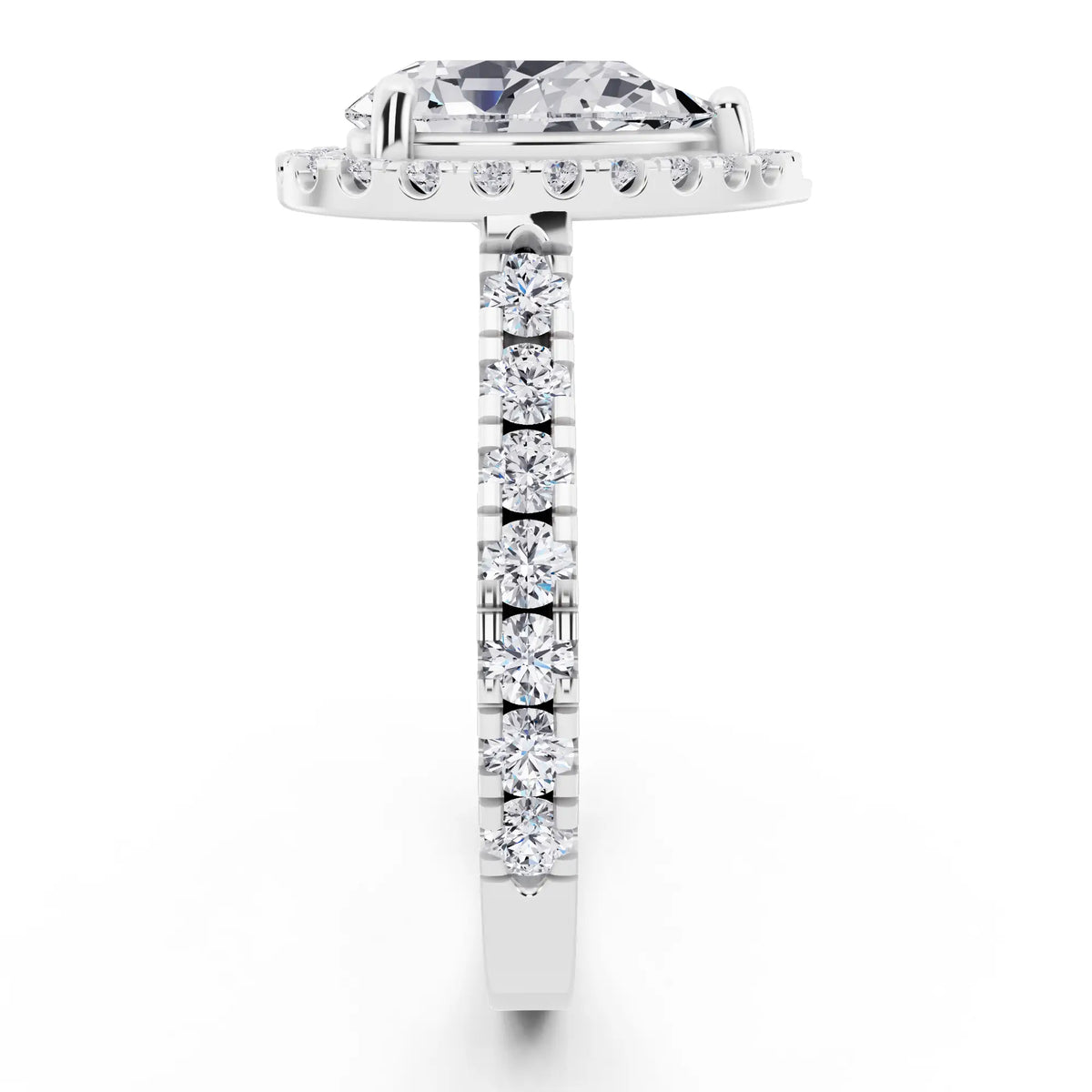 14 KT White Gold Pear Cut Diamond Halo Ring with Pave Band - Side view