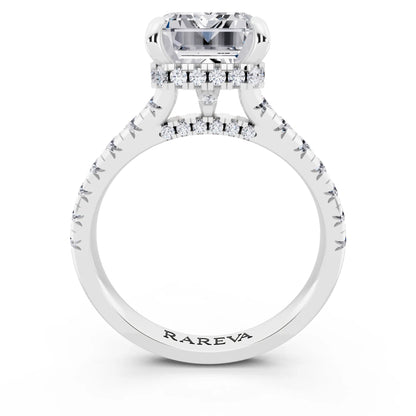18 KT White Gold Emerald Cut Diamond Ring with Hidden Halo - through finger