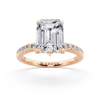 14 KT Rose Gold Emerald Cut Diamond Solitaire Ring with Marquise Collar - front view