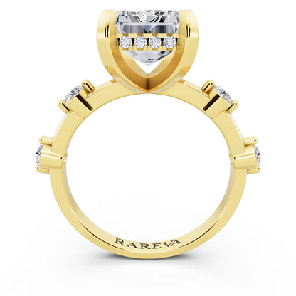 18 KT Yellow Gold Emerald Cut Diamond Solitaire Ring with Floating Diamond Accents - through finger