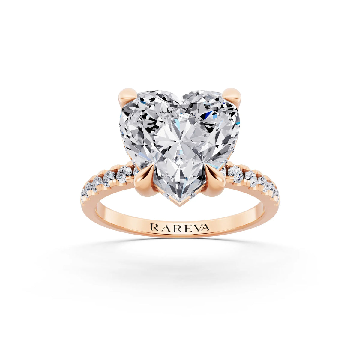 14 KT Rose Gold Heart Cut Diamond Solitaire Ring with Round Pavé Band and Prong Setting - front view