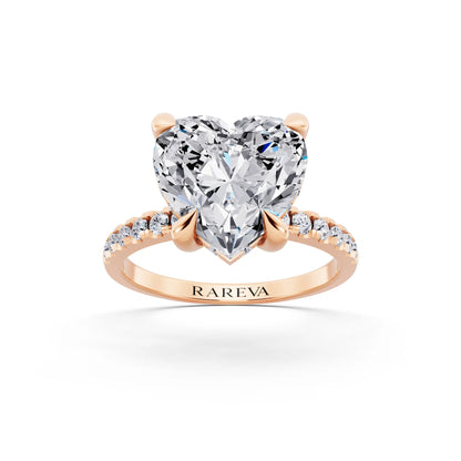 14 KT Rose Gold Heart Cut Diamond Solitaire Ring with Round Pavé Band and Prong Setting - front view