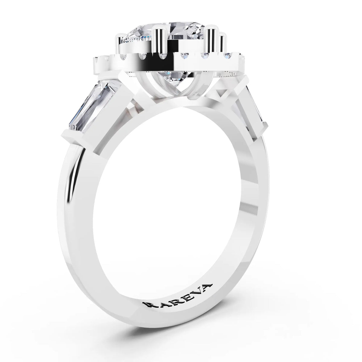 18 KT White Gold Heart Cut Diamond Halo Ring with Baguette Accents - top view