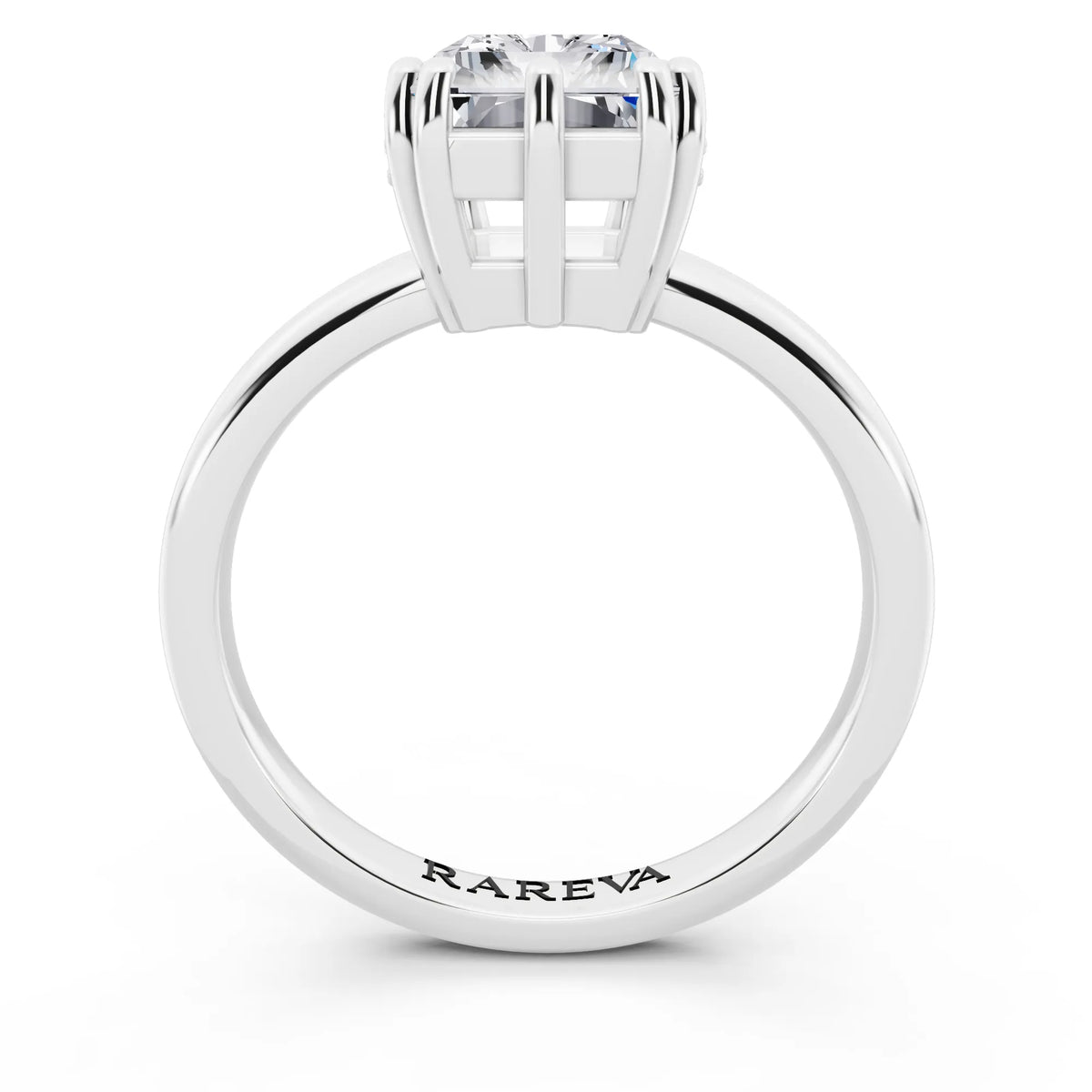 18 KT White Gold Radiant Cut Diamond Solitaire Ring with Hidden Accent Basket - through finger