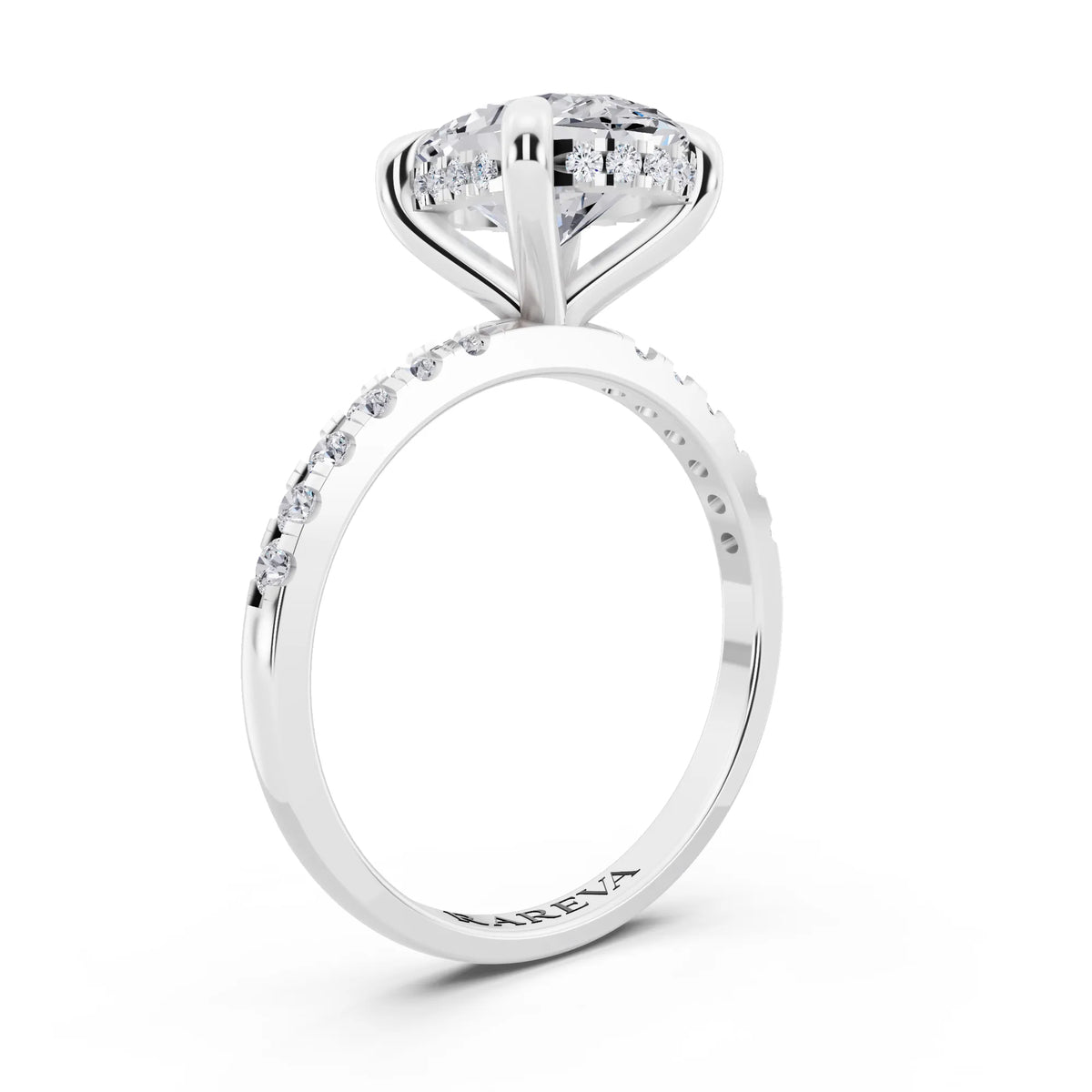 Platinum Oval Cut Diamond Solitaire Ring with Round Pavé Band and Prong Setting - top view