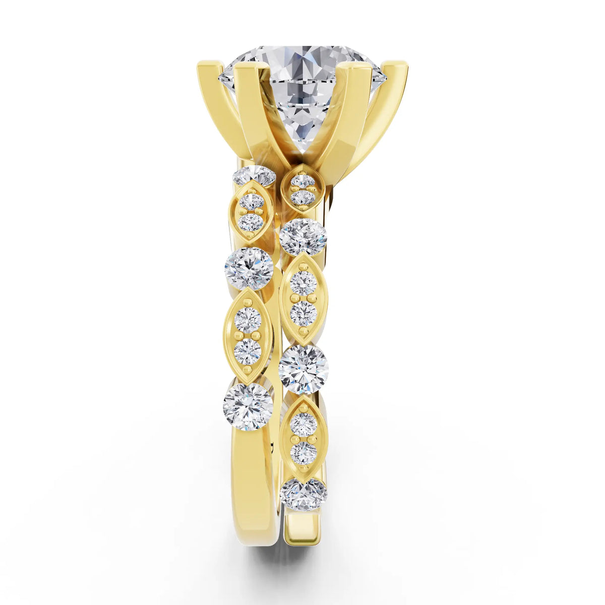 14 KT Yellow Gold Round Cut Diamond Solitaire Ring with Marquise Motif Band - Side view