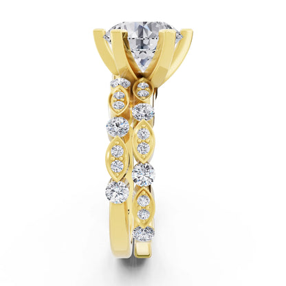 14 KT Yellow Gold Round Cut Diamond Solitaire Ring with Marquise Motif Band - Side view