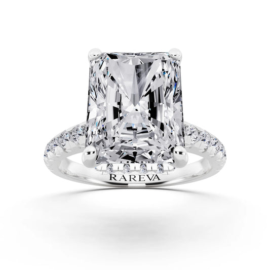 14 KT White Gold Radiant Cut Diamond Ring with Hidden Halo - front view