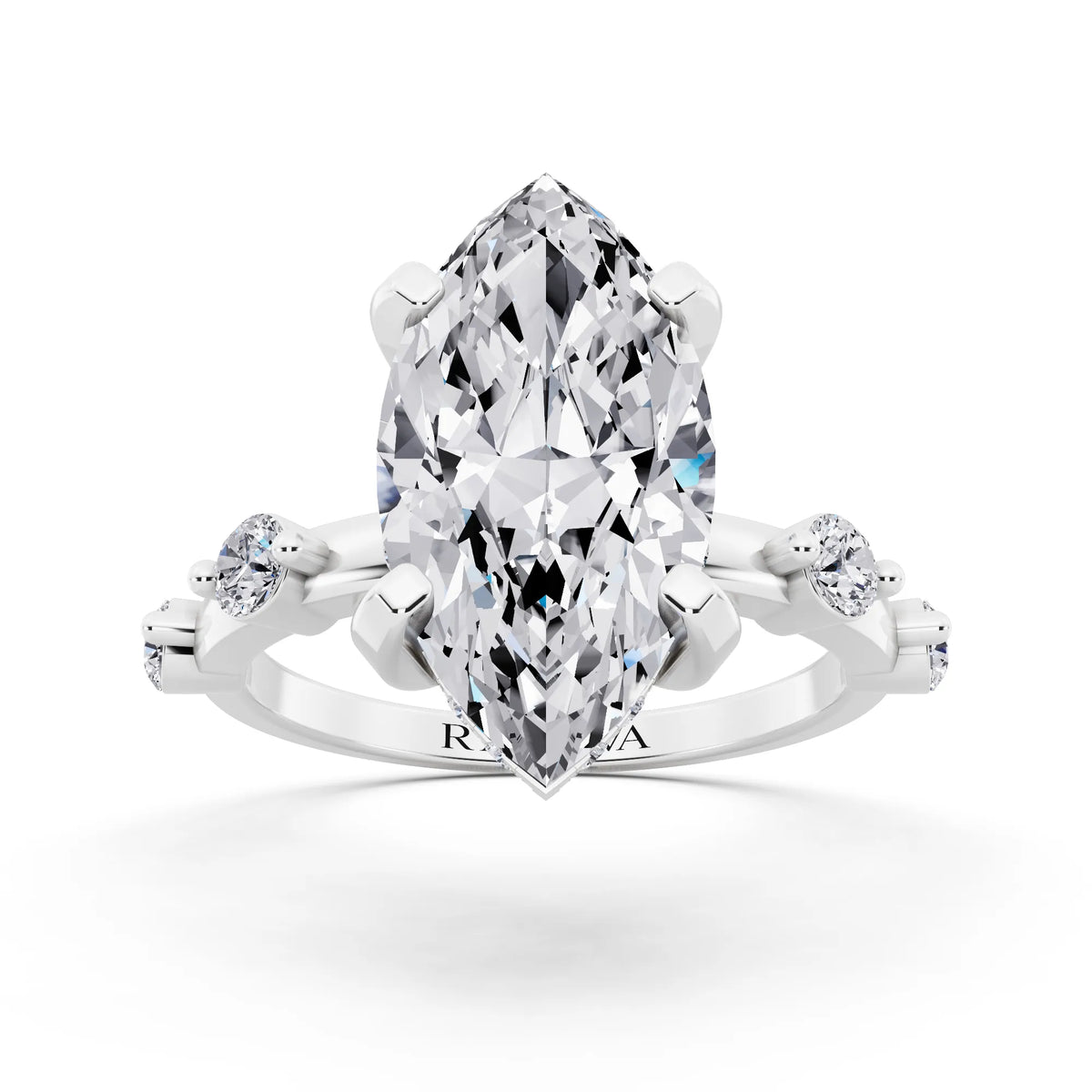 14 KT White Gold Marquise Cut Diamond Solitaire Ring with Floating Diamond Accents - front view