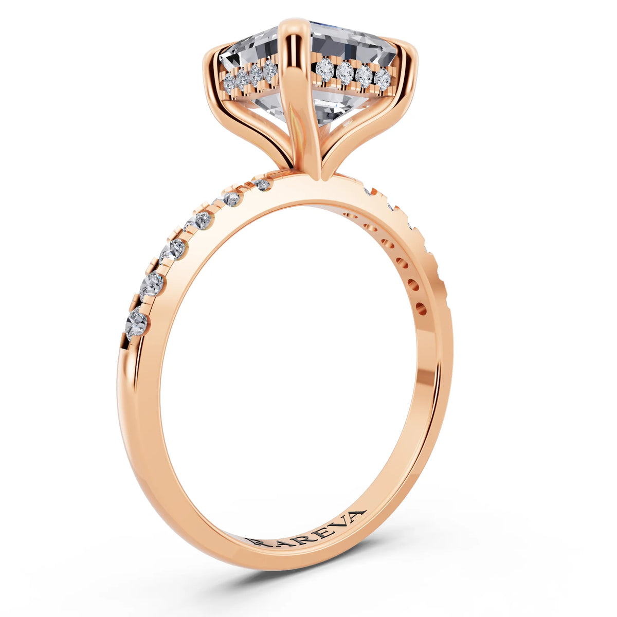 14 KT Rose Gold Asscher Cut Diamond Solitaire Ring with Round Pavé Band and Prong Setting - top view
