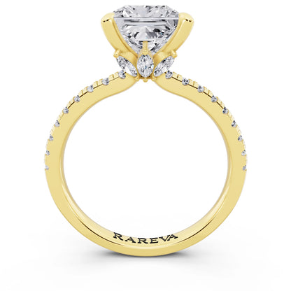 14 KT Yellow Gold Princess Cut Diamond Solitaire Ring with Marquise Collar - through finger
