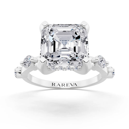 18 KT White Gold Asscher Cut Diamond Solitaire Ring with Floating Diamond Accents - front view