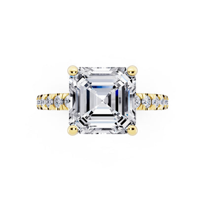 18 KT Yellow Gold Asscher Cut Diamond Hidden Halo Ring with Pave Shank - top angle