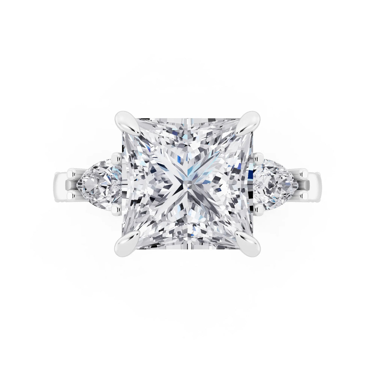 14 KT White Gold Princess Cut Diamond Three Stone Pear Accent Vintage Pave Ring - top angle